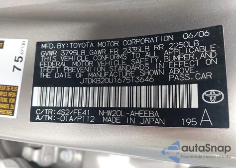 2006 Toyota Prius z USA, uszkodzony, nr VIN JTDKB20U167513646